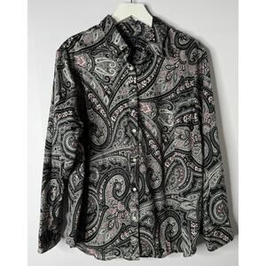 CHAPS No Iron Women's 2X Button Up Top Black Pink Paisley Long Sleeve Cotton
